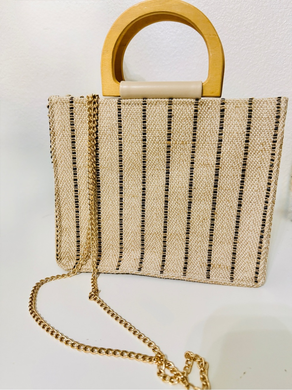 Jute Burlap Black Striped Tote with Gold Crossbody Strap and Wooden Handles
